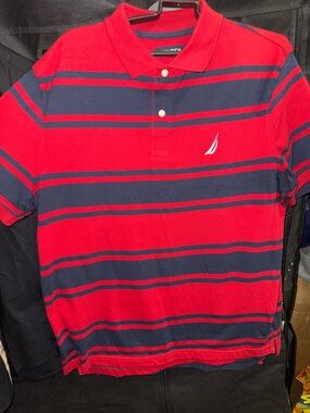 Nautica Red & Navy Striped Polo with Sail Logo
